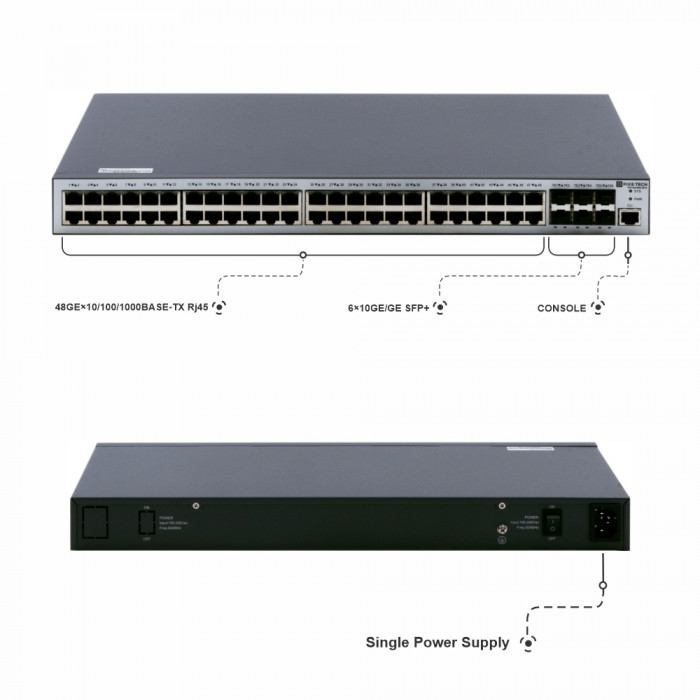 Управляемый коммутатор уровня 3, 48 порта 100/1000BaseT, 6 порта 1/10G SFP+